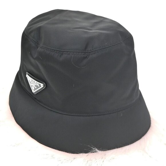 PRADA Plate Logo Bucket Hat Cap #M 58 Re-Nylon Fur Leather Black Pink 80RL689 main image 11
